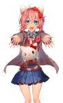  &gt;_o :d animal_ears blue_eyes blue_skirt bow cat_ears doki_doki_literature_club hair_between_eyes hair_bow hello_kitty hello_kitty_(character) highres looking_at_viewer one_eye_closed open_mouth outstretched_arms pink_hair pleated_skirt red_bow sayori_(doki_doki_literature_club) school_uniform short_hair simple_background skirt smile white_background yakusuke 