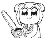  :3 animated animated_gif bangs bkub chainsaw chibi commentary cptnameless eyebrows_visible_through_hair greyscale hair_ornament hair_scrunchie holding holding_weapon looking_at_viewer looping_animation monochrome poptepipic popuko school_uniform scrunchie serafuku sidelocks simple_background solo upper_body weapon white_background 
