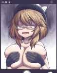  breasts brown_eyes brown_hair commentary_request covering covering_breasts eyebrows_visible_through_hair fake_screenshot glasses gloves hat hat_ribbon highres huge_breasts open_mouth ribbon shaded_face tearing_up topless touhou upper_body usami_sumireko xialu_zajin 