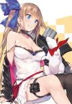  bandana black_bra black_legwear blue_eyes bra breasts brown_hair choker cleavage commentary dress eyebrows_visible_through_hair fal_(girls_frontline) ferret girls_frontline gun large_breasts lips noy parted_lips pink_lips short_dress side_ponytail single_sidelock single_thighhigh sitting smile solo strap_slip thigh_pouch thigh_strap thighhighs underwear weapon white_dress 