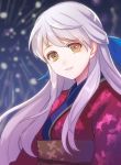  commentary_request fire_emblem fire_emblem:_akatsuki_no_megami fire_emblem_heroes fireworks japanese_clothes kimono kokouno_oyazi long_hair micaiah obi parted_lips sash silver_hair smile solo upper_body yellow_eyes yukata 