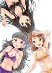  arm_up bikini bikini_skirt black_bikini breasts cleavage collarbone eyebrows_visible_through_hair flo frilled_bikini frills front-tie_bikini front-tie_top green_eyes houjou_karen idolmaster idolmaster_cinderella_girls kamiya_nao long_hair medium_hair multiple_girls open_mouth orange_bikini purple_bikini purple_eyes shibuya_rin smile swimsuit triad_primus upper_body white_background 