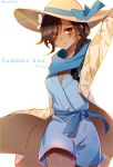  alternate_costume ana_(overwatch) arm_up atobesakunolove blue_ribbon blue_shirt blue_shorts bow braid breasts brown_eyes brown_hair cabana_ana character_name cleavage cowboy_shot dark_skin earrings eyes_visible_through_hair facial_tattoo floral_print flower hair_flower hair_ornament hair_over_shoulder hand_behind_head hat hat_bow hat_ribbon jewelry long_hair looking_at_viewer medium_breasts overwatch parted_lips ribbon shirt shorts simple_background single_braid smile solo sun_hat tattoo twitter_username white_background white_flower younger 