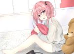  barefoot blush commentary_request from_side grey_shirt highres legs long_hair looking_at_viewer moppy1029 nana_asta_deviluke no_pants open_mouth pillow pillow_hug pink_eyes pink_hair shirt sitting sketch solo stuffed_animal stuffed_toy tail teddy_bear to_love-ru twintails 