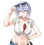  adjusting_eyewear between_breasts blue_hair box breasts cleavage clenched_teeth collarbone commentary crop_top deal_with_it denim denim_shorts english_commentary eyebrows_visible_through_hair eyewear_on_head food food_in_mouth front-tie_top girls_frontline groin hair_between_eyes hand_on_hip hand_up highres large_breasts looking_at_viewer midriff mouth_hold navel pocky red_eyes shan shirt short_hair short_shorts short_sleeves shorts simple_background solo stomach sunglasses teeth thompson_submachine_gun_(girls_frontline) tied_shirt uneven_eyes upper_body v-shaped_eyebrows white_background white_shirt wing_collar wristband 