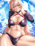  absurdres bangs beach bikini black_bikini black_jacket blonde_hair blue_sky blush breasts choker cleavage closed_mouth collarbone commentary_request cropped_jacket day fate/grand_order fate_(series) hair_between_eyes hand_in_hair highres hips huge_filesize jacket jeanne_d'arc_(alter_swimsuit_berserker) jeanne_d'arc_(fate)_(all) kisaragi_(legobionicle23) large_breasts long_hair looking_at_viewer navel o-ring shrug_(clothing) sky smile solo sunlight sweatdrop swimsuit tan thighs very_long_hair yellow_eyes 