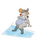  2018 anthro arm_support belly big_belly clothing disney eyewear female food fur glasses grey_fur hat judy_hopps lagomorph long_ears mammal one-piece_swimsuit pawpsicle pool_(disambiguation) popsicle pregnant quib rabbit simple_background sitting swimsuit water white_background zootopia 