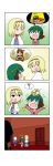  &gt;_&lt; /\/\/\ 0_0 4koma 5girls ? absurdres alice_margatroid animal_ears around_corner blue_dress blue_skirt blue_vest braid capelet chinese_clothes comic door dress flandre_scarlet flat_cap flying_sweatdrops from_behind green_hair hair_between_eyes hairband hallway halo hands_on_hips hands_on_own_chest hat head_wreath highres hong_meiling indoors izayoi_sakuya jitome kasodani_kyouko knife knife_in_head laughing lily_white long_hair looking_at_another looking_at_viewer lying maid_headdress mob_cap multiple_girls on_head on_stomach open_mouth pantyhose peeking person_on_head pink_shirt rakugaki-biyori red_hair shaded_face shirt short_hair silent_comic silver_hair skirt smile solid_oval_eyes speech_bubble spoken_person spoken_question_mark star sweatdrop tail tears touhou twin_braids very_long_hair vest walking white_legwear white_skirt 
