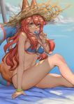  absurdres animal_ears bangs bikini blue_bikini blue_sky breasts cloud cloudy_sky commentary_request day ears_through_headwear fate/grand_order fate_(series) food fox_ears hair_between_eyes hat highres innertube large_breasts liudaohai6001 long_hair pink_hair popsicle sky solo straw_hat sun_hat swimsuit tamamo_(fate)_(all) tamamo_no_mae_(swimsuit_lancer)_(fate) yellow_eyes 