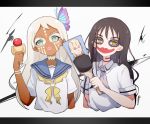  asobi_asobase bangs blue_sailor_collar brown_eyes brown_hair butterfly_hair_ornament captain_yue closed_mouth collared_shirt commentary_request eyebrows_visible_through_hair ganguro green_eyes hagoita hair_between_eyes hair_down hair_ornament honda_hanako kendama long_hair looking_at_viewer lord_of_pastimers makeup multiple_girls necktie paddle parted_lips sailor_collar school_uniform shirt short_sleeves sidelocks simple_background twitter_username upper_body very_long_hair watermark wavy_hair white_background white_hair white_shirt 
