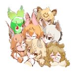  :3 aardwolf_(kemono_friends) aardwolf_ears animal_ears ashiatomonchich bare_shoulders black_hair blonde_hair bow bowtie caracal_(kemono_friends) caracal_ears cat_day cat_ears cerval cheek-to-cheek clenched_hand closed_eyes commentary cuddling elbow_gloves eyebrows_visible_through_hair fangs fur_collar gloves green_hair green_skin grey_hair grin hand_on_another's_head highres jaguar_(kemono_friends) jaguar_ears jaguar_print kemono_friends lion_(kemono_friends) lion_ears multicolored_hair multiple_girls neko_atsume open_mouth orange_hair red_eyes saliva sand_cat_(kemono_friends) serval_(kemono_friends) serval_ears serval_print short_hair sleeping sleeveless smile triangle_mouth yellow_eyes 