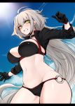  ahoge bikini black_bikini black_jacket blush breasts choker cleavage clenched_teeth cloud cloudy_sky collarbone commentary_request cowboy_shot cropped_jacket day eyebrows_visible_through_hair eyelashes fate/grand_order fate_(series) from_below hair_between_eyes highres j.k. jacket jeanne_d'arc_(alter_swimsuit_berserker) jeanne_d'arc_(fate)_(all) large_breasts letterboxed long_hair looking_at_viewer o-ring outdoors shrug_(clothing) skindentation sky solo swimsuit teeth thighs yellow_eyes 