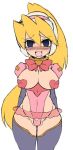  1girl ahegao alternate_costume blonde_hair blush bow bowtie breasts breasts_outside ciel_(rockman) cowboy_shot drooling empty_eyes eyebrows_visible_through_hair female framed_breasts hair_between_eyes headgear heart_cutout heart_pasties hips long_hair microskirt open_mouth pasties pubic_cutout puffy_sleeves rockman rockman_zero saliva see-through semikichi simple_background skirt solo white_background 