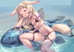  animal animal_ears arm_rest bikini black_bikini blonde_hair breasts commentary_request drooling fish fox_ears fox_tail leaning_to_the_side legs long_hair navel original oversized_animal partial_commentary partially_submerged purple_eyes sitting small_breasts smile swimsuit tail thigh_strap thighs tougetsu_gou water wet 