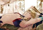  arabian_clothes blonde_hair chest cropped_vest earrings fate/grand_order fate_(series) gilgamesh gilgamesh_(caster)_(fate) gold_trim jewelry looking_at_viewer lying male_focus nekoyama96 on_back open_clothes open_vest pillow red_eyes shirtless short_hair tassel tattoo twitter_username upper_body vest 