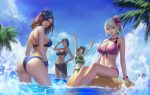  arena_lass arms_up ass bangs bare_shoulders beach bikini bikini_top black_bikini blush breasts brown_hair character_request cleavage collarbone commentary_request day flower front-tie_top hair_flower hair_ornament hub_lass hub_provisions_lass large_breasts long_hair looking_at_viewer medium_breasts midriff monster_hunter monster_hunter:_world multiple_girls navel ocean open_mouth outdoors phamoz sarong short_hair side-tie_bikini sky smile stockpile_manager swimsuit water 