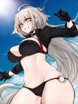  ahoge bikini black_bikini black_jacket blush breasts choker cleavage clenched_teeth cloud cloudy_sky collarbone commentary_request cowboy_shot cropped_jacket day eyebrows_visible_through_hair eyelashes fate/grand_order fate_(series) from_below hair_between_eyes j.k. jacket jeanne_d'arc_(alter_swimsuit_berserker) jeanne_d'arc_(fate)_(all) large_breasts long_hair looking_at_viewer o-ring skindentation sky solo swimsuit teeth thighs yellow_eyes 