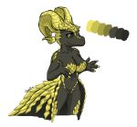  2018 anthro big_breasts black_sclera black_skin bottomless breasts capcom cleavage clothed clothing digital_media_(artwork) dragon elder_dragon female horn kulve_taroth looking_at_viewer monster_hunter monster_hunter_world naturally_censored quadduck scales scalie simple_background smile solo standing video_games yellow_eyes 