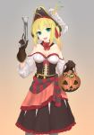  absurdres ahoge alternate_costume alternate_hairstyle artoria_pendragon_(all) bangs bare_shoulders belt black_gloves black_legwear black_skirt blonde_hair bow breasts candy cleavage clothes_around_waist corset detached_collar fangs fate/stay_night fate_(series) food gloves gradient gradient_background green_eyes gun halloween halloween_costume handgun hat hat_feather highres holding holding_gun holding_weapon jack-o'-lantern long_sleeves looking_at_viewer medium_breasts off-shoulder_shirt open_mouth pirate pirate_hat pistol red_bow saber scwibbles shirt skirt smile solo trick_or_treat trigger_discipline twintails weapon white_shirt 