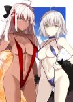  ahoge ass_visible_through_thighs bangs bare_shoulders black_bow blue_swimsuit bow breasts cleavage closed_mouth collarbone contrapposto cowboy_shot dark_skin eyebrows_visible_through_hair fate/grand_order fate_(series) fur_trim grey_eyes grey_hair hair_bow hair_ornament half_updo highres innertube jeanne_d'arc_(alter)_(fate) jeanne_d'arc_(fate)_(all) long_hair looking_at_viewer medium_breasts multiple_girls navel okita_souji_(alter)_(fate) okita_souji_(fate)_(all) oota_yuuichi red_swimsuit short_hair sidelocks slingshot_swimsuit standing swimsuit thighs yellow_eyes 