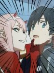  1girl bangs black_bodysuit black_hair blue_eyes bodysuit commentary couple darling_in_the_franxx english_commentary gloves green_eyes hair_ornament hairband hand_on_another's_chin hetero highres hiro_(darling_in_the_franxx) horns k_016002 long_hair looking_at_viewer oni_horns pilot_suit pink_hair red_bodysuit red_gloves red_horns sweatdrop white_hairband zero_two_(darling_in_the_franxx) 