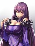  bangs bare_shoulders breasts cleavage detached_collar eyebrows_visible_through_hair fate/grand_order fate_(series) fur_trim gradient gradient_background hair_between_eyes highres holding holding_wand large_breasts long_hair long_sleeves open_mouth purple_hair red_eyes scathach_(fate)_(all) scathach_skadi_(fate/grand_order) solo straight_hair takanashi-a tiara very_long_hair wand wide_sleeves 