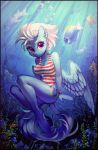  2018 5_fingers anthro baramx blue_feathers bracelet breasts bubble butt cleavage clothed clothing collaboration cute cutie_mark detailed_background equine eyebrows eyelashes feathered_wings feathers female fish fleetfoot_(mlp) friendship_is_magic hair hi_res hooves jewelry looking_at_viewer mammal marine my_little_pony navel one-piece_swimsuit pegasus plant portrait purple_eyes ramiras rock sharedast ship short_hair smile solo stripes sunlight swimsuit underwater vehicle water wet white_hair wings wonderbolts_(mlp) 