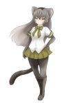  :&lt; animal_ears boots bow bowtie cat_ears cat_tail cross-laced_footwear elbow_gloves extra_ears frown full_body gloves green_neckwear green_skirt grey_gloves grey_legwear hand_on_hip ise_(0425) jaguarundi_(kemono_friends) kemono_friends knee_boots lace-up_boots long_hair pantyhose pleated_skirt short_sleeves simple_background skirt solo standing tail white_background yellow_eyes 