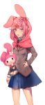  animal_hood blue_skirt bunny_hood capelet doki_doki_literature_club hair_ornament hairclip hand_on_hip highres hood hooded_capelet looking_at_viewer my_melody natsuki_(doki_doki_literature_club) onegai_my_melody pink_eyes pink_hair pleated_skirt red_ribbon ribbon school_uniform short_hair simple_background skirt white_background yakusuke 