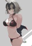  ahoge bad_id bad_twitter_id bangs bikini black_bikini black_jacket blush bottle breasts choker cleavage closed_mouth collarbone commentary_request eyebrows_visible_through_hair fate/grand_order fate_(series) grey_background hair_between_eyes hareno_chiame headpiece jacket jeanne_d'arc_(alter_swimsuit_berserker) jeanne_d'arc_(fate)_(all) large_breasts long_hair looking_at_viewer o-ring simple_background solo swimsuit water_bottle yellow_eyes 