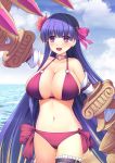  :d arm_up bangs bare_shoulders bikini blue_sky blush bow breasts choker claws cleavage cloud cloudy_sky collarbone commentary_request day detached_sleeves eyebrows_visible_through_hair fate/extra fate/extra_ccc fate_(series) flower hair_bow hair_flower hair_ornament horizon huge_breasts long_hair navel o-ring o-ring_bikini o-ring_top ocean open_mouth outdoors passion_lip pink_bow purple_choker purple_eyes purple_hair red_bikini red_flower side-tie_bikini sky smile solo srwsrx_(gp03dsrx) swimsuit very_long_hair water 