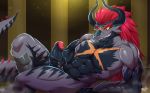  2017 abs balls barazoku batzz_(buddyfight) big_balls big_eyebrows big_penis bna_v5 claws dragon facial_scar fur furred_dragon future_card_buddyfight grin lying male masturbation muscular muscular_male pecs penile_masturbation penis scalie scar sharp_teeth smile solo teeth thick_penis thick_thighs uncut vein veiny_penis 