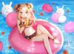  abigail_williams_(fate/grand_order) afloat ankle_bow ankle_ribbon balloon bangs bare_arms bare_shoulders barefoot bendy_straw bikini black_bikini black_bow blue_eyes blush bow cup day double_bun drink drinking drinking_glass drinking_straw emerald_float fate/grand_order fate_(series) flower forehead holding holding_cup innertube long_hair looking_at_viewer md5_mismatch nasii navel orange_bow orange_flower outdoors parted_bangs petals petals_on_liquid polka_dot polka_dot_bow ribbon side_bun solo swimsuit water 