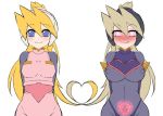  alternate_eye_color alternate_hair_color arms_behind_back blonde_hair blue_eyes blush breasts ciel_(rockman) corruption dark_personna erect_nipples eyebrows_visible_through_hair headgear heart heart-shaped_pupils heart_in_eye heart_tattoo high_ponytail hips long_hair looking_at_viewer medium_breasts multiple_personna pink_eyes ponytail pubic_tattoo rockman rockman_zero semikichi simple_background smile symbol-shaped_pupils symbol_in_eye tattoo upper_body white_background 