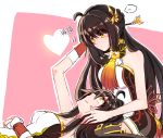  2girls ahoge ara_han bangs bare_shoulders black_hair blush chinese_commentary commentary_request dual_persona elsword hair_ornament hair_stick heart hua_ge_pi lap_pillow long_hair looking_at_another looking_down looking_up lying multiple_girls on_back sakra_devanam_(elsword) selfcest sitting smile spoken_ellipsis thighhighs wrist_cuffs yama_raja_(elsword) yellow_eyes yuri 