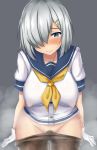  blue_eyes blush breasts closed_mouth commentary_request gloves hair_ornament hair_over_one_eye hairclip hamakaze_(kantai_collection) highres kantai_collection large_breasts looking_at_viewer neckerchief no_panties pantyhose pantyhose_pull pubic_hair school_uniform serafuku short_hair short_sleeves silver_hair simple_background skirt solo steam sweatdrop terakoya white_gloves yellow_neckwear 