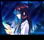  blue_eyes brown_hair cellphone collared_shirt flip_phone labcoat letterboxed long_hair looking_at_phone makise_kurisu necktie night night_sky phone profile shirt sky smile solo steins;gate straight_hair sunege tree upper_body window 