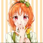  ahoge alternate_hairstyle bangs blush bow braid covering_mouth hair_bow hand_over_own_mouth looking_at_viewer love_live! love_live!_sunshine!! open_mouth orange_hair portrait red_eyes solo striped striped_background takami_chika zyenokana 