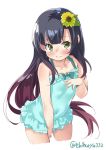  3: alternate_costume aqua_swimsuit black_hair blue_ribbon blush breasts casual_one-piece_swimsuit covered_navel cropped_legs ebifurya eyebrows_visible_through_hair flower from_above gradient_hair green_eyes hair_flower hair_ornament hand_on_own_chest hat highres kantai_collection layered_skirt long_hair looking_at_viewer matsuwa_(kantai_collection) multicolored_hair one-piece_swimsuit pink_hair purple_hair ribbon sailor_hat small_breasts solo sunflower_hair_ornament swimsuit swimsuit_skirt tears twitter_username white_background 