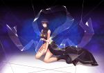  1girl bare_arms bare_legs bare_shoulder black_footwear black_hair breasts crop_top hagoromo highres holding_arm houshin_engi impossible_clothes j0-j0 kneeling large_breasts long_eyelashes ou_kijin parted_lips purple_eyes shawl shoes short_hair solo string 