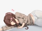  arm_support bad_id bad_pixiv_id belly_peek blush breasts brown_hair closed_mouth collarbone flower gradient gradient_background grey_sweater hair_flower hair_intakes hair_ornament heart kantai_collection large_breasts long_hair looking_at_viewer lying midriff on_side pants ponytail purple_eyes ribbed_sweater sidelocks smile solo sweater twisted_torso white_pants yamato_(kantai_collection) z5987 