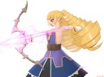  archer_(disgaea) artist_name bangs bare_shoulders belt blonde_hair blue_eyes blunt_bangs bow_(weapon) commentary detached_sleeves disgaea drill_hair energy_arrow eyebrows_visible_through_hair kuroonehalf long_hair makai_senki_disgaea open_mouth pointy_ears profile serious simple_background solo twin_drills weapon white_background 