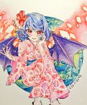  bat_wings blue_hair blush chaka3464 comiket_94 feet_out_of_frame flower geta hair_flower hair_ornament hand_in_hair hand_on_own_cheek japanese_clothes kimono open_mouth plant pointy_ears red_eyes remilia_scarlet ribbon shikishi sitting smile touhou traditional_media wings 