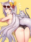 animal_ears ass blush bow breasts cat eyebrows_visible_through_hair eyewear_on_head grey_hair hair_bow highres kaerunoko long_hair looking_at_viewer medium_breasts open_mouth original sideboob simple_background solo squirrel_ears squirrel_tail standing sunglasses tail very_long_hair yellow_background yellow_bow yellow_eyes 