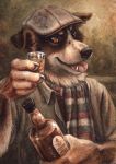  2015 alcohol anthro beer beverage black_nose canine claws clothed clothing dog fangs fur hat kenket looking_at_viewer mammal multicolored_fur solo tongue tongue_out traditional_media_(artwork) two_tone_fur 