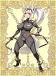  animal_ears bodysuit breasts covered_navel crotch_plate full_body furrowed_eyebrows green_eyes hairband headdress high_heels holding holding_weapon kerberos_blade large_breasts long_hair non-web_source o-ring official_art ponytail ryoji_(nomura_ryouji) skin_tight solo standing tail turtleneck weapon white_hair 