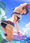  ;d arm_up armpits ass bangs bikini bikini_skirt blue_hair bracelet commentary_request day floral_print flower hair_flower hair_ornament hair_ribbon highres innertube jewelry leg_garter long_hair love_live! love_live!_sunshine!! ocean one_eye_closed open_mouth outdoors palm_tree prbili purple_eyes purple_flower red_flower ribbon rose_print smile solo standing swimsuit tree tsushima_yoshiko upper_teeth wading water 