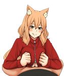  absurdres animal_ear_fluff animal_ears bad_id bad_twitter_id bangs blush breast_squeeze breasts commentary_request den_(den_zuri555) eyebrows_visible_through_hair fate/extra fate/extra_ccc fate/extra_ccc_fox_tail fate/grand_order fate_(series) fox_ears gym_uniform hair_between_eyes hetero highres large_breasts licking_lips long_hair long_sleeves looking_down orange_hair paizuri paizuri_under_clothes simple_background suzuka_gozen_(fate) tongue tongue_out upper_body white_background yellow_eyes 