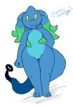  2018 alien anthro beady_eyes cosmicscourge featureless_crotch looking_at_viewer male natto_(cosmicscourge) nude reptile scalie sentient_tail simple_background solo tentacle_hair tentacles thick_thighs wide_hips yellow_eyes 