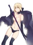  artoria_pendragon_(all) black_bow black_cape black_gloves black_legwear black_panties blonde_hair bow breasts cape choker cleavage collarbone dark_excalibur elbow_gloves eyebrows_visible_through_hair fate/stay_night fate_(series) gloves hair_between_eyes hair_bow highres looking_at_viewer medium_breasts navel panties saber_alter saruno_(eyesonly712) sidelocks simple_background solo thighhighs topless underwear underwear_only white_background yellow_eyes 